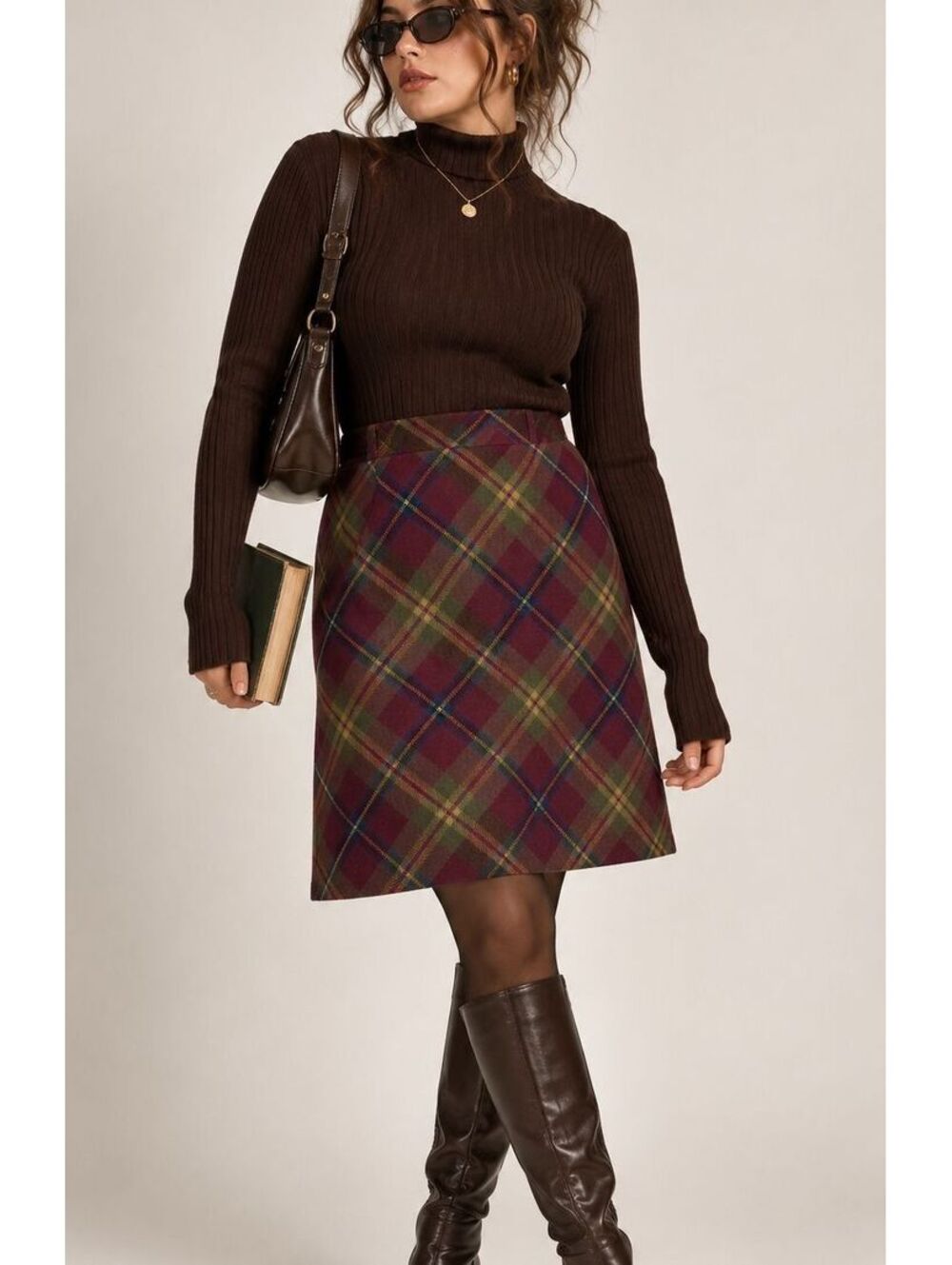 Vintage Wool Blend Plaid Skirt Burgundy Olive Dark Academia Preppy Womens 16